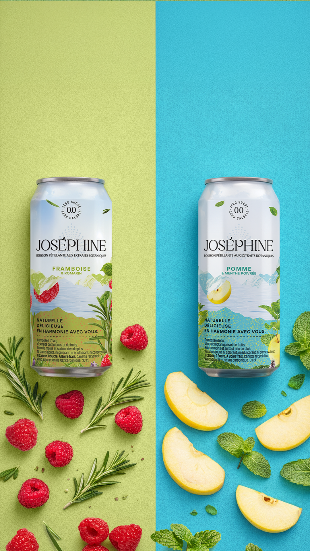 Deux canettes Joséphine aux parfums framboise-romarin et pomme-menthe poivrée, entourées de fruits et de plantes aromatiques.